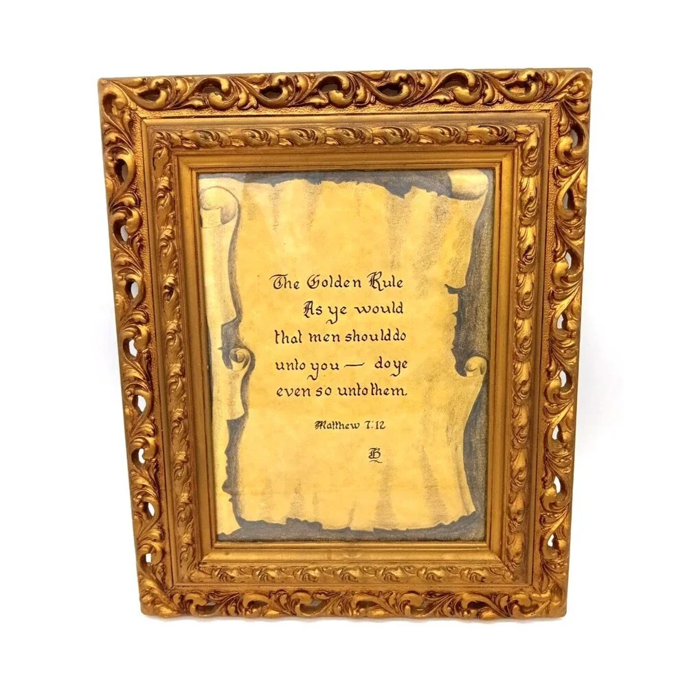 Vtg Italian Florentine Style Gold Framed Art Print The Golden Rule Matthew 7:12